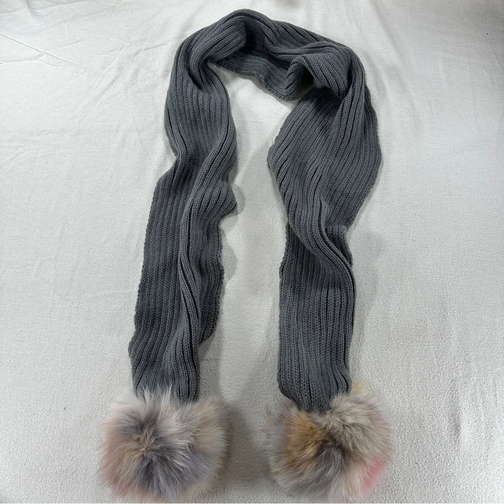 Jocelyn Charcoal Scarf with Faux Fur Pom Poms